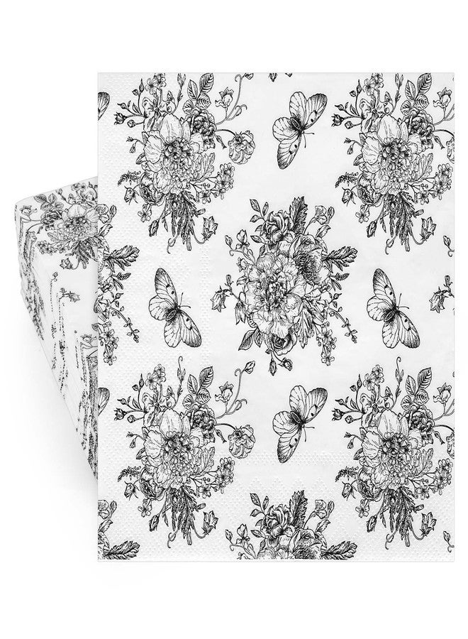 Whaline 100 Counts Floral Paper Napkins Black White Vintage Flower Disposable Napkins Sketched Decorative Luncheon Dinner Table Napkins for Spring Summer Birthday Party Supplies - Image 1